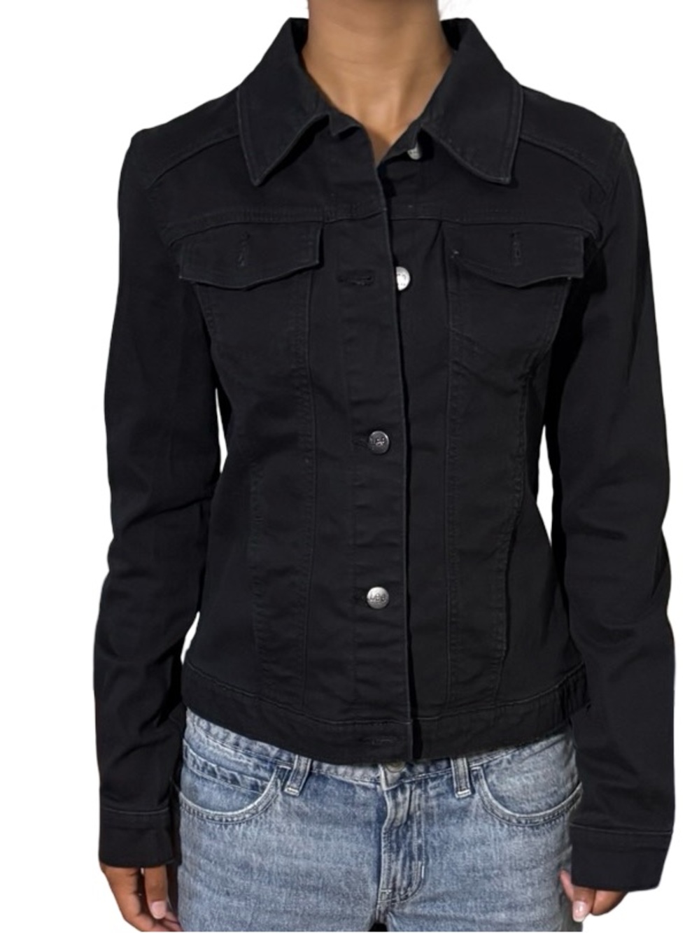 Lee Riders Black Coated Denim Trucker Jacket Small Petite